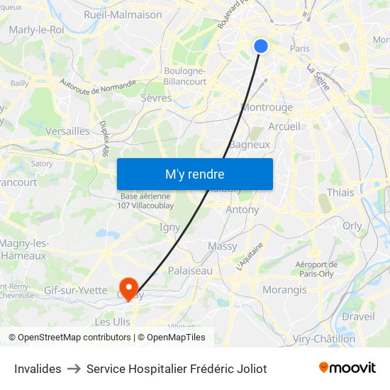 Invalides to Service Hospitalier Frédéric Joliot map