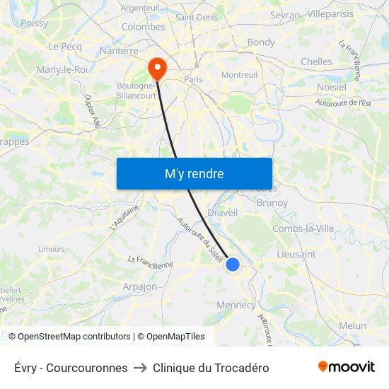 Évry - Courcouronnes to Clinique du Trocadéro map