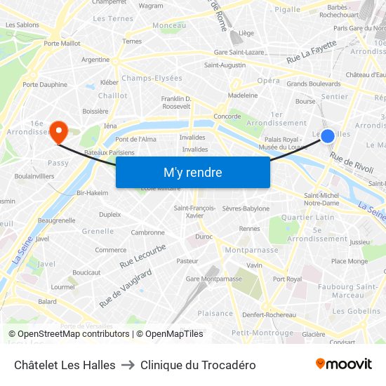 Châtelet Les Halles to Clinique du Trocadéro map