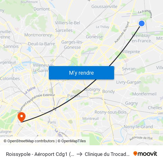 Roissypole - Aéroport Cdg1 (E2) to Clinique du Trocadéro map