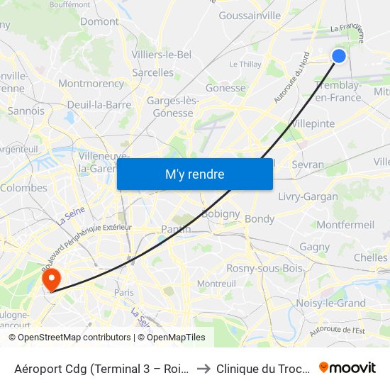 Aéroport Cdg (Terminal 3 – Roissypôle) to Clinique du Trocadéro map