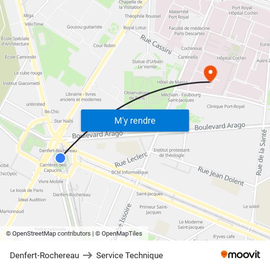 Denfert-Rochereau to Service Technique map