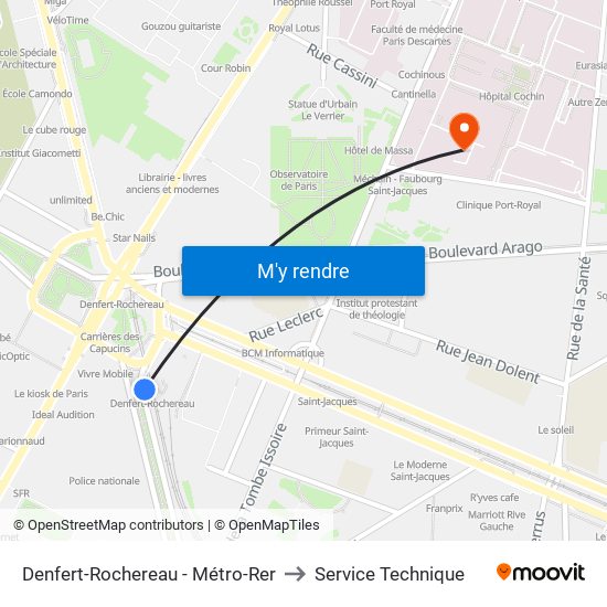 Denfert-Rochereau - Métro-Rer to Service Technique map