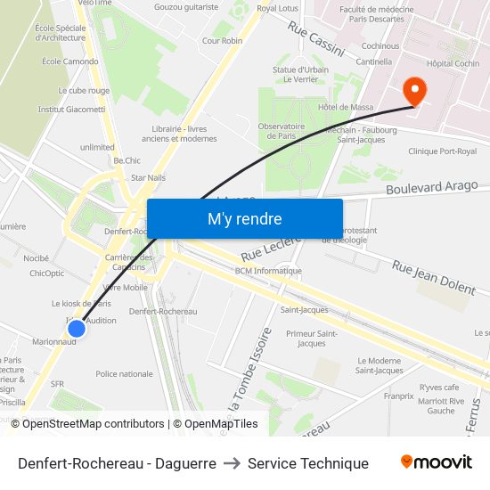 Denfert-Rochereau - Daguerre to Service Technique map