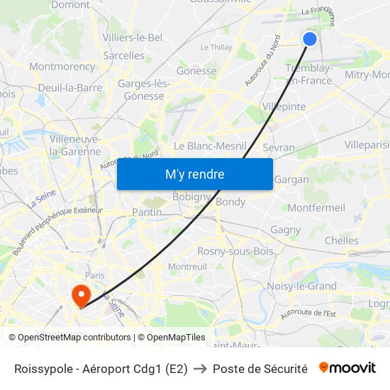 Roissypole - Aéroport Cdg1 (E2) to Poste de Sécurité map