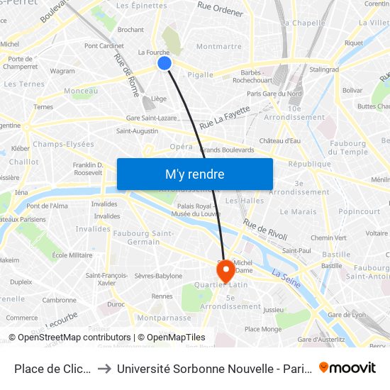 Place de Clichy to Université Sorbonne Nouvelle - Paris 3 map