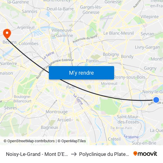 Noisy-Le-Grand - Mont D'Est to Polyclinique du Plateau map