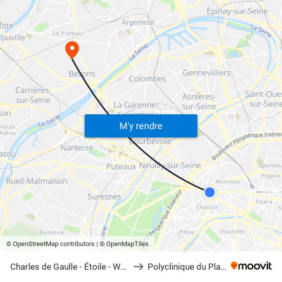 Charles de Gaulle - Étoile - Wagram to Polyclinique du Plateau map