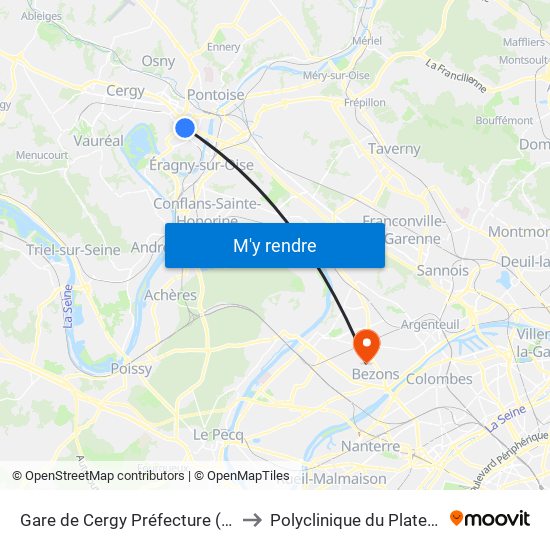 Gare de Cergy Préfecture (C) to Polyclinique du Plateau map