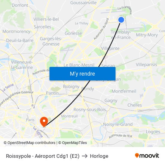 Roissypole - Aéroport Cdg1 (E2) to Horloge map