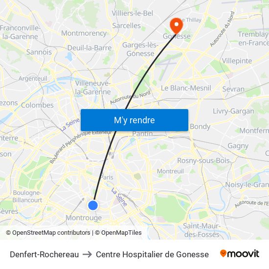 Denfert-Rochereau to Centre Hospitalier de Gonesse map