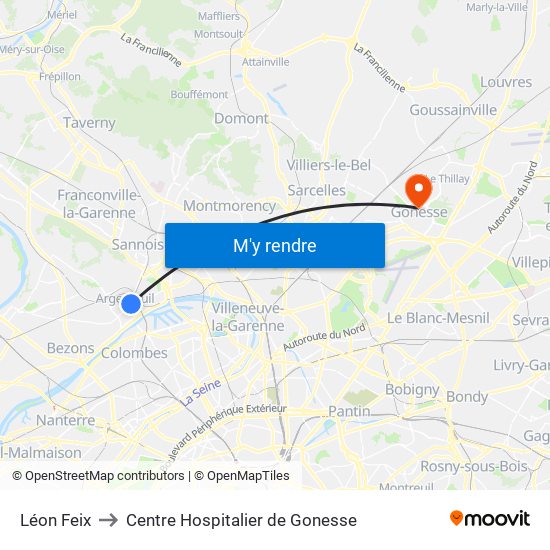 Léon Feix to Centre Hospitalier de Gonesse map