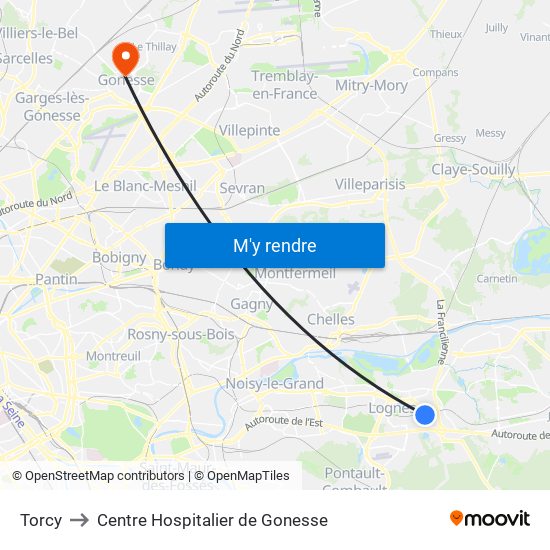 Torcy to Centre Hospitalier de Gonesse map