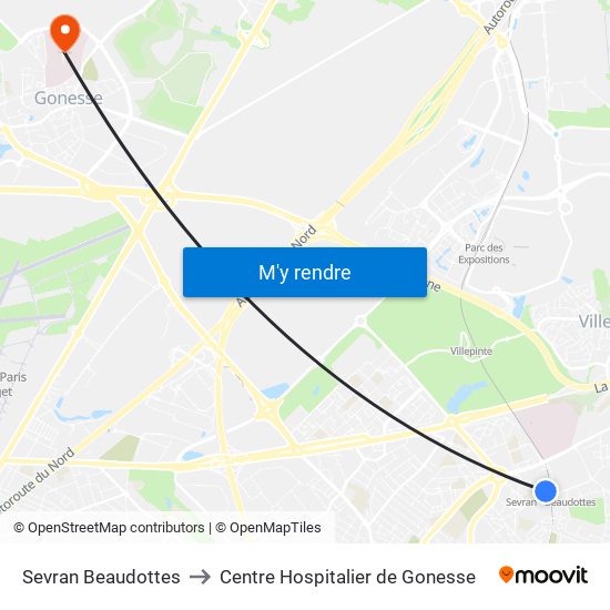 Sevran Beaudottes to Centre Hospitalier de Gonesse map
