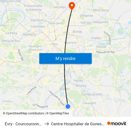 Évry - Courcouronnes to Centre Hospitalier de Gonesse map