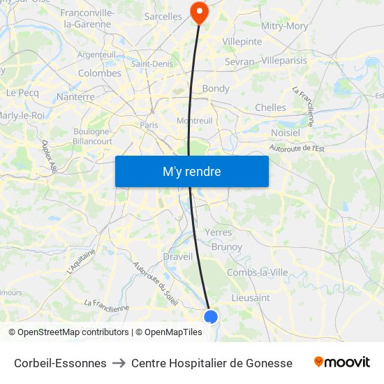 Corbeil-Essonnes to Centre Hospitalier de Gonesse map