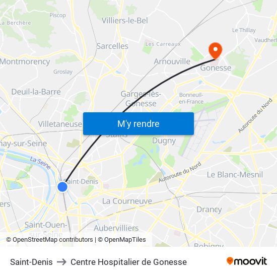 Saint-Denis to Centre Hospitalier de Gonesse map