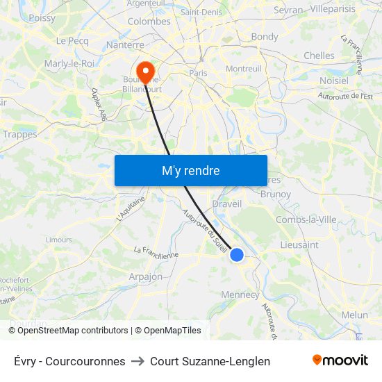 Évry - Courcouronnes to Court Suzanne-Lenglen map