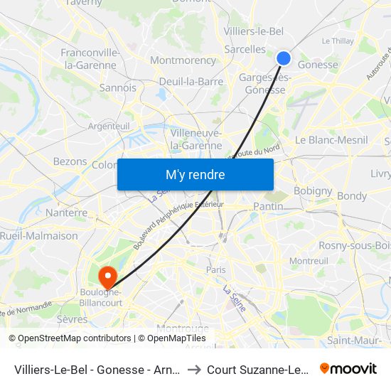 Villiers-Le-Bel - Gonesse - Arnouville to Court Suzanne-Lenglen map