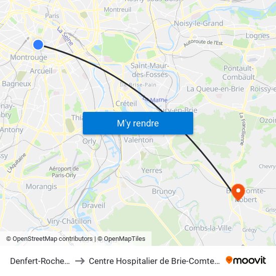 Denfert-Rochereau to Centre Hospitalier de Brie-Comte-Robert map