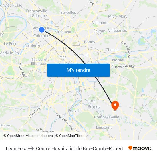 Léon Feix to Centre Hospitalier de Brie-Comte-Robert map