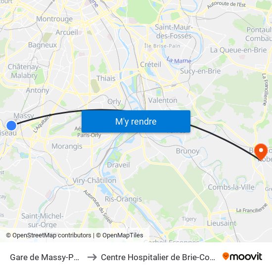 Gare de Massy-Palaiseau to Centre Hospitalier de Brie-Comte-Robert map