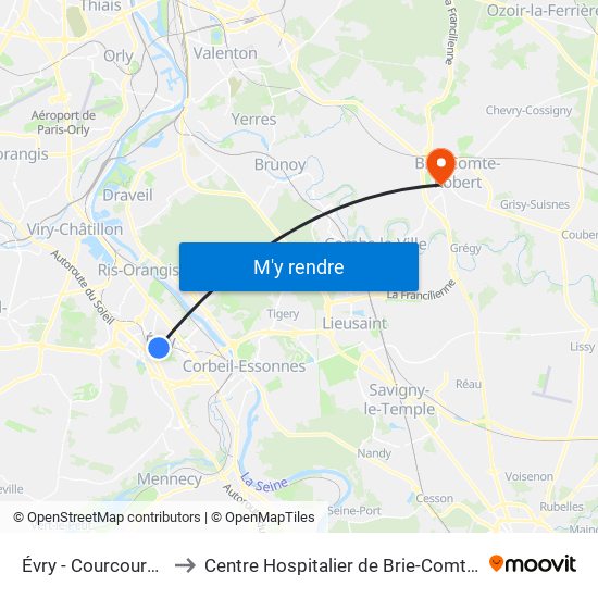 Évry - Courcouronnes to Centre Hospitalier de Brie-Comte-Robert map
