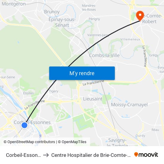 Corbeil-Essonnes to Centre Hospitalier de Brie-Comte-Robert map