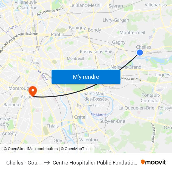 Chelles - Gournay to Centre Hospitalier Public Fondation Vallée map