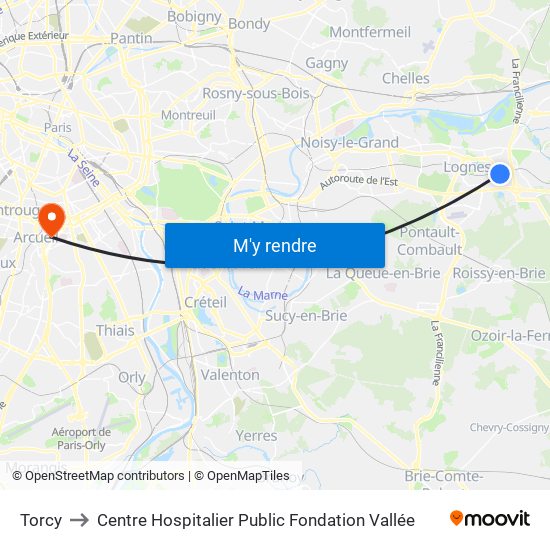 Torcy to Centre Hospitalier Public Fondation Vallée map