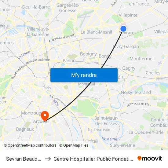 Sevran Beaudottes to Centre Hospitalier Public Fondation Vallée map