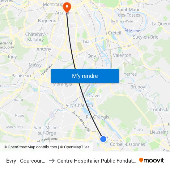 Évry - Courcouronnes to Centre Hospitalier Public Fondation Vallée map