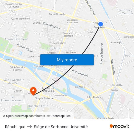 République to Siège de Sorbonne Université map