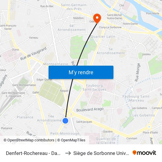 Denfert-Rochereau - Daguerre to Siège de Sorbonne Université map