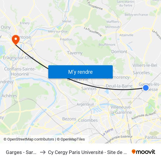 Garges - Sarcelles to Cy Cergy Paris Université - Site de Saint Martin map