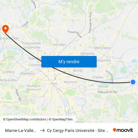 Marne-La-Vallée Chessy to Cy Cergy Paris Université - Site de Saint Martin map