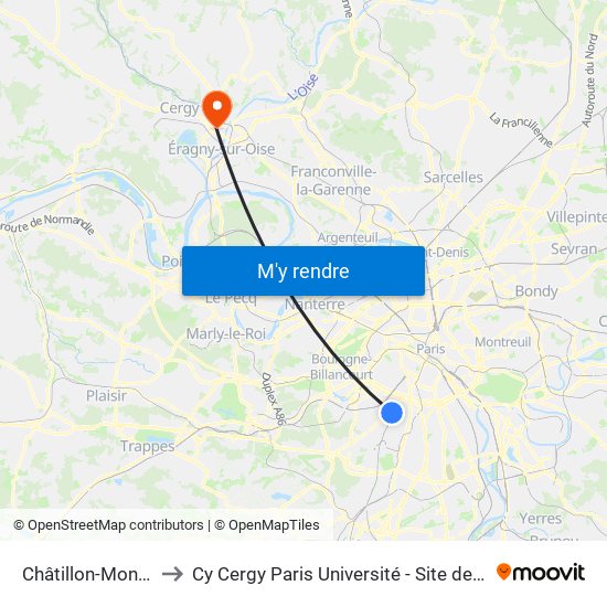 Châtillon-Montrouge to Cy Cergy Paris Université - Site de Saint Martin map