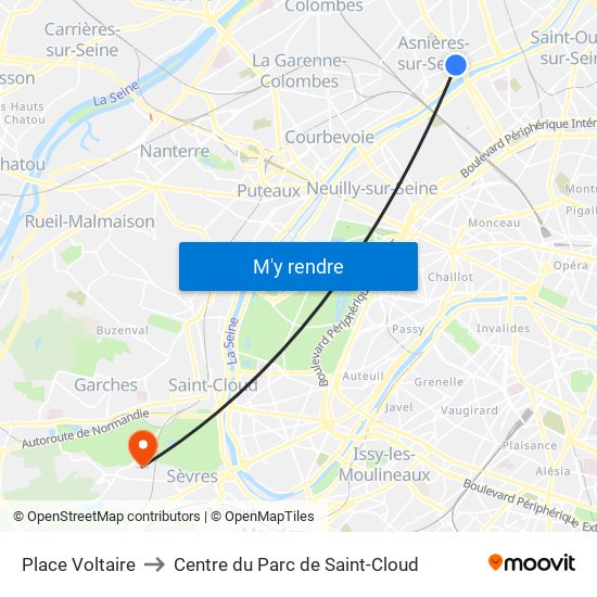 Place Voltaire to Centre du Parc de Saint-Cloud map