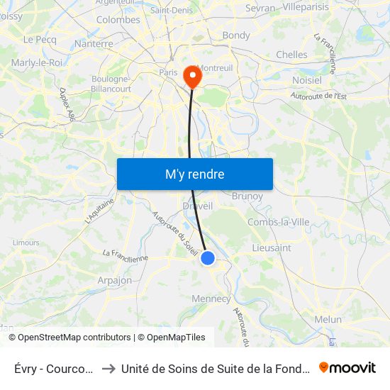 Évry - Courcouronnes to Unité de Soins de Suite de la Fondation Rothschild map
