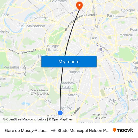 Gare de Massy-Palaiseau to Stade Municipal Nelson Paillou map