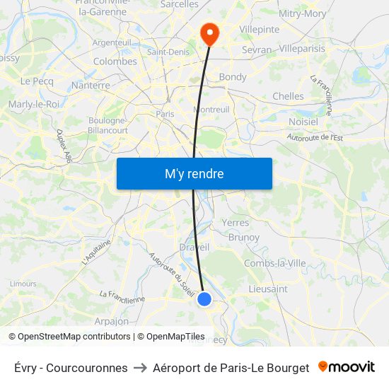 Évry - Courcouronnes to Aéroport de Paris-Le Bourget map