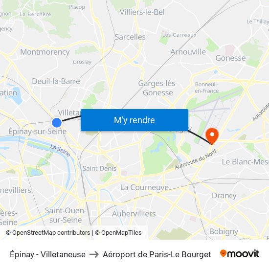 Épinay - Villetaneuse to Aéroport de Paris-Le Bourget map