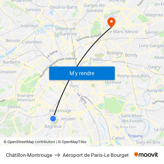 Châtillon-Montrouge to Aéroport de Paris-Le Bourget map