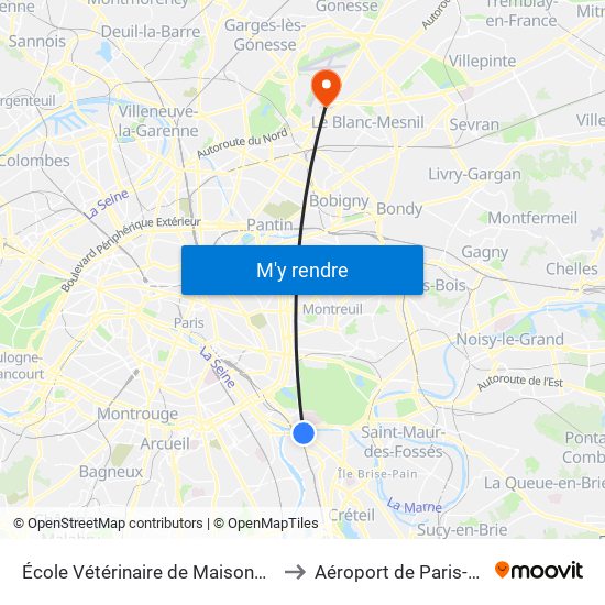 École Vétérinaire de Maisons-Alfort - Métro to Aéroport de Paris-Le Bourget map