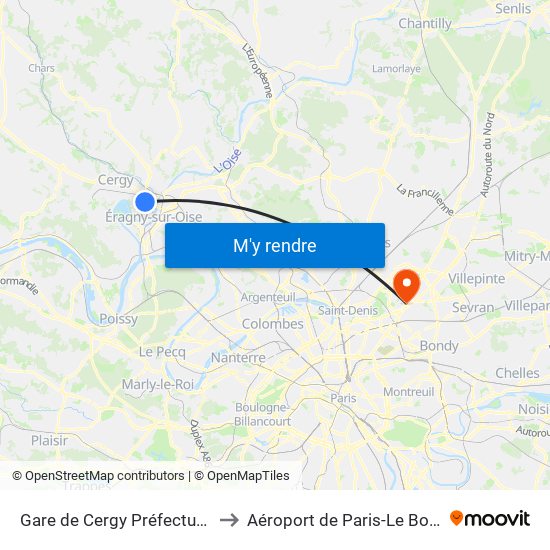 Gare de Cergy Préfecture (C) to Aéroport de Paris-Le Bourget map
