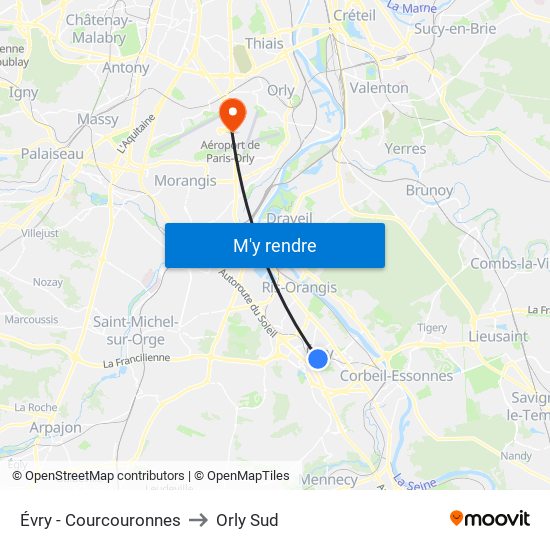 Évry - Courcouronnes to Orly Sud map