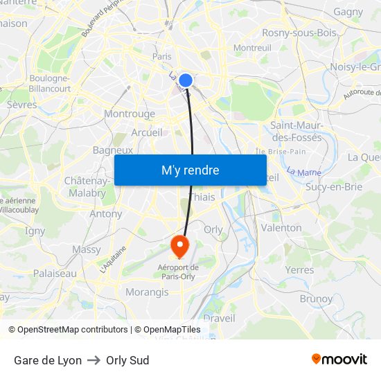 Gare de Lyon to Orly Sud map