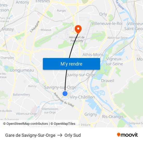 Gare de Savigny-Sur-Orge to Orly Sud map