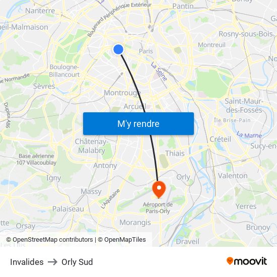 Invalides to Orly Sud map