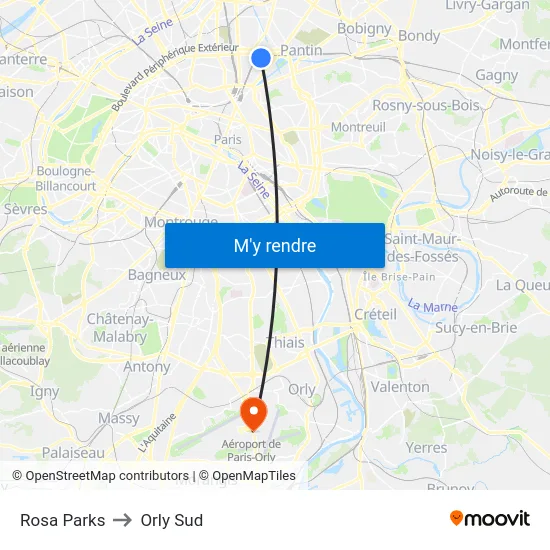 Rosa Parks to Orly Sud map